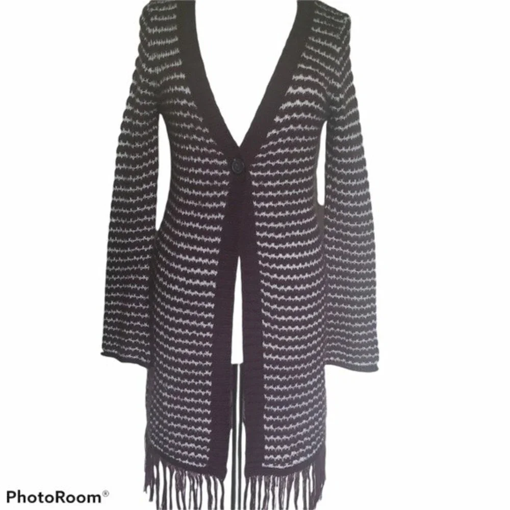DECREE Maroon Stripe Duster Fringe Sweater - L